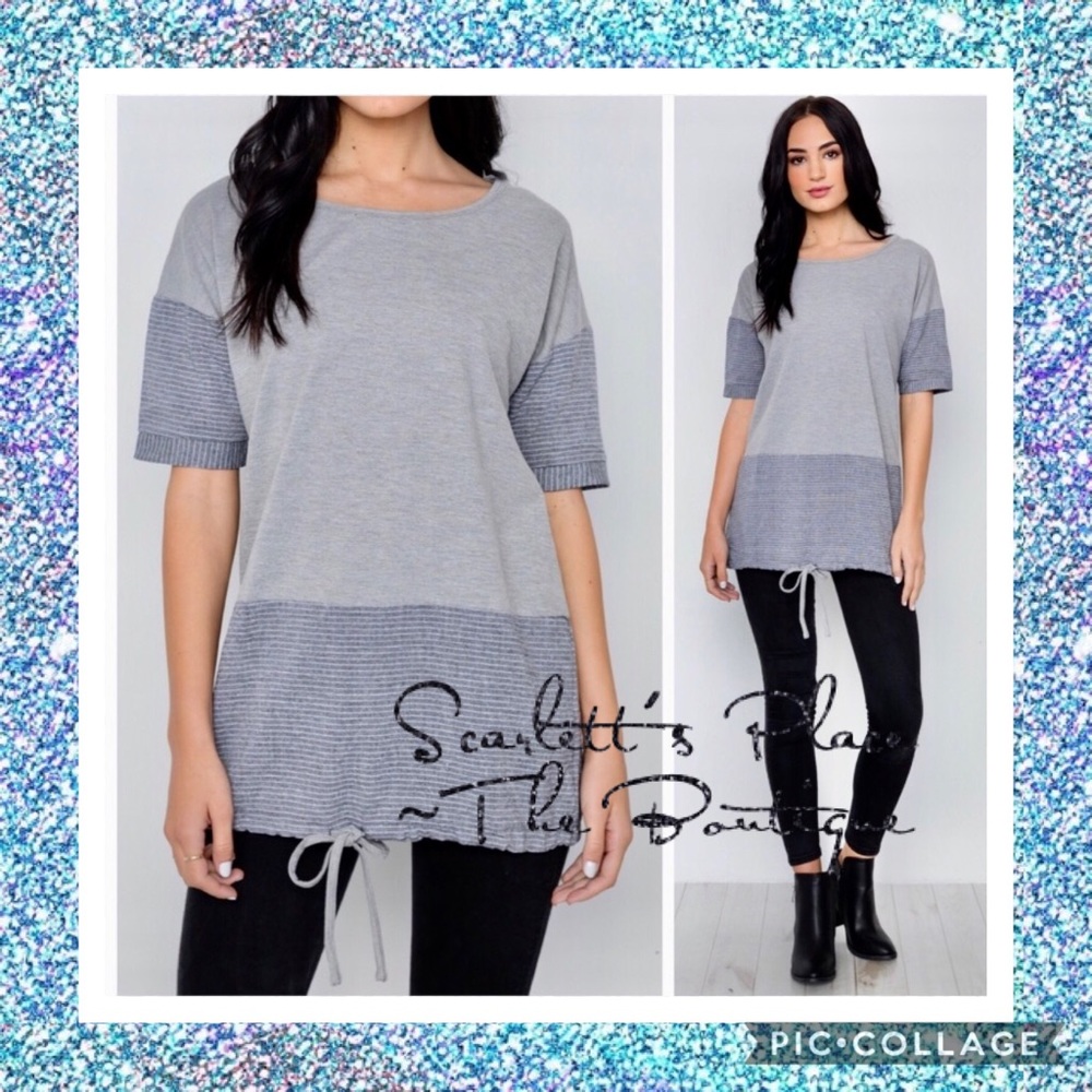 Gray/White Striped Short Sleeve Top,drawstring hem